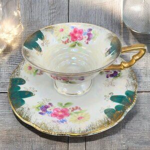 Vintage German Porcelain Teacup And Saucer Set Flower‎ Pattern Gold Accent Decor